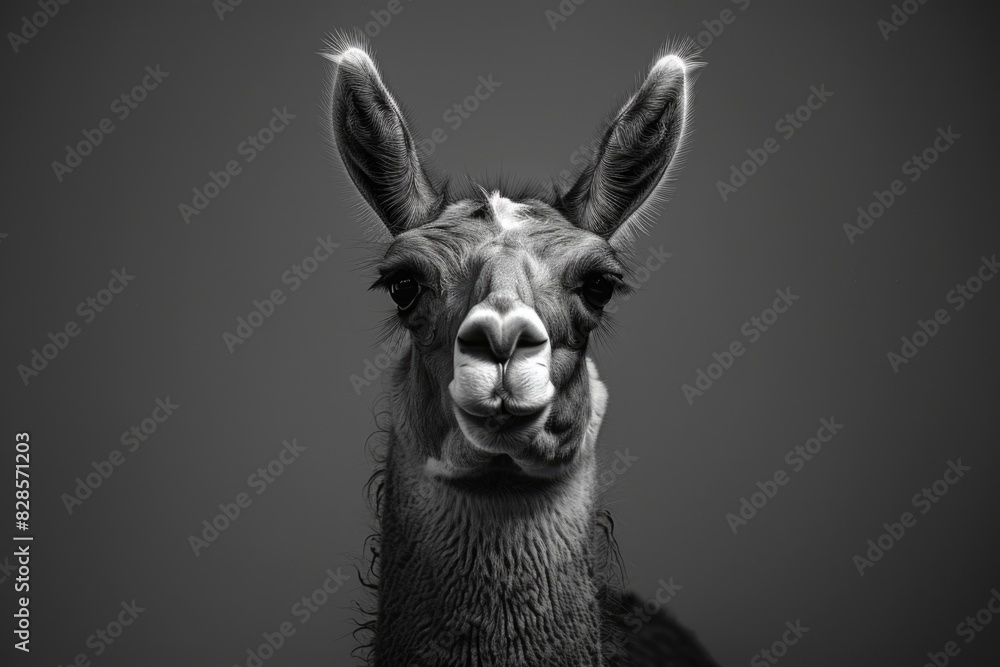 Poster A close-up black and white photo of a llama. Suitable for various design projects
