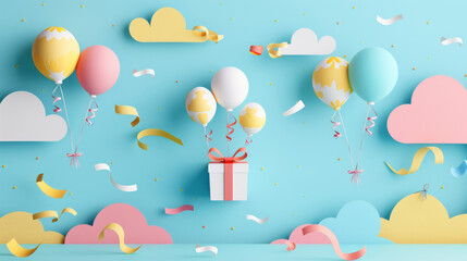 Children's Day postcard. Balloons, gift box 