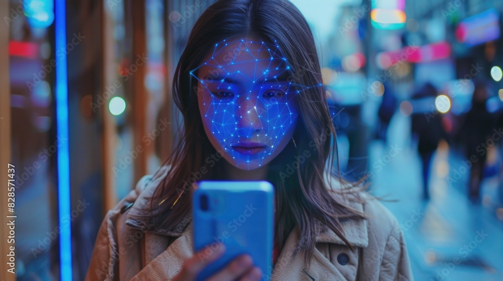 Poster a woman with a futuristic digital face using a smartphone. suitable for technology concepts