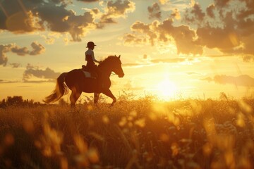 Fototapeta premium A person riding a horse in a picturesque field at sunset. Ideal for outdoor and equestrian themes