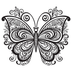 Doodle Ornate Butterfly, Adult Coloring Page Template. 