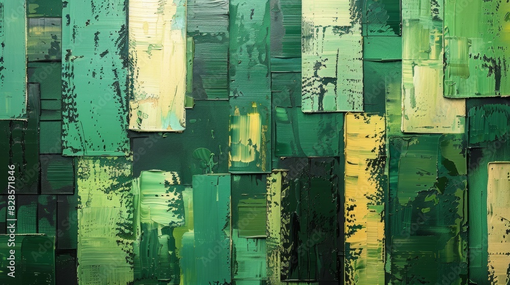 Poster an abstract painting with layers of neat lines in varying shades of green.