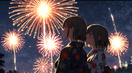 浴衣姿の女の子と花火大会・アニメ風　Generative AI