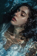 A woman peacefully closing her eyes in water. Suitable for relaxation concept