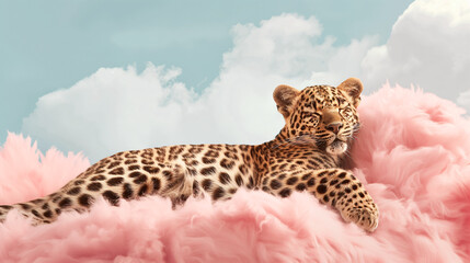 Leopard napping on a pink cozy bed against a sky background - Powered by Adobe