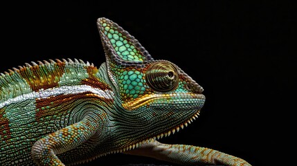 Obraz premium Detailed close-up of a chameleon on a black background. Suitable for wildlife or exotic animal concepts