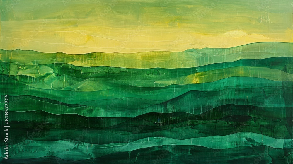 Poster an abstract painting with layers of neat lines in varying shades of green.
