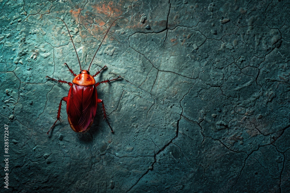 Poster a red bug sitting on a cracked surface. suitable for educational materials or nature-related project