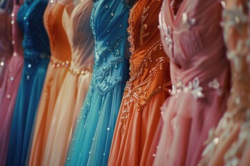 Row of dresses on display, perfect for fashion design projects