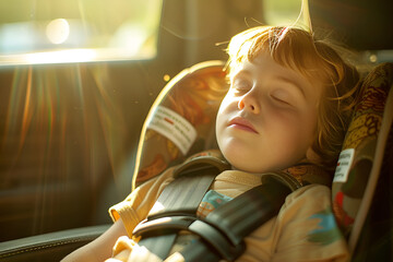 Obraz premium little child sleeping in the car, Generative AI