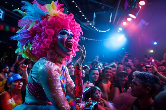 Vibrant Drag Performer with Colorful Wig and Enthusiastic Crowd