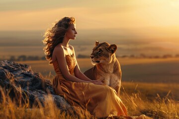 A woman sitting on a rock next to a lion. Suitable for wildlife or nature concepts - Powered by Adobe