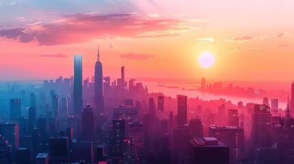 Obraz premium Dawn breaking over a bustling cityscape, with pastel colors in the sky and the silhouette of skyscrapers creating a stunning skyline