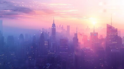 Dawn breaking over a bustling cityscape, with pastel colors in the sky and the silhouette of skyscrapers creating a stunning skyline
