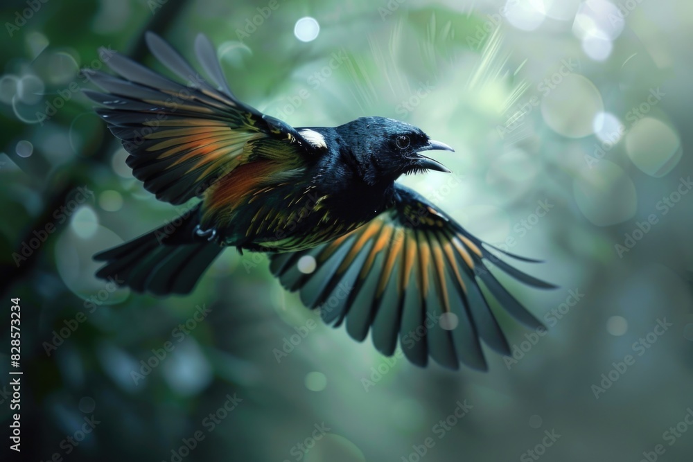 Poster a vibrant bird soaring through the sky, suitable for various projects