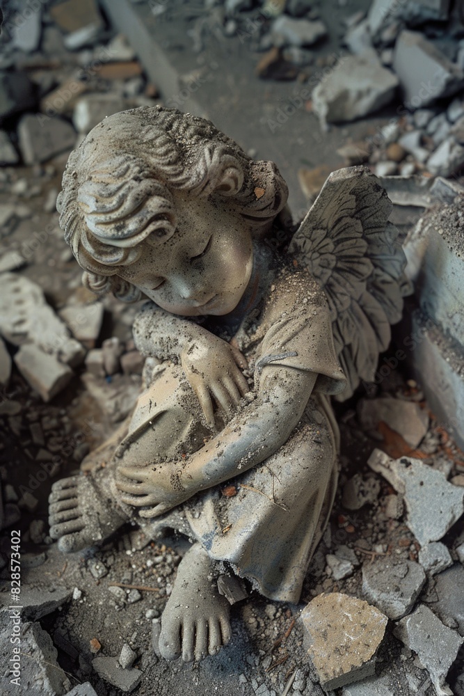 Poster a serene angel statue sitting on a pile of rubble. suitable for various themes and concepts