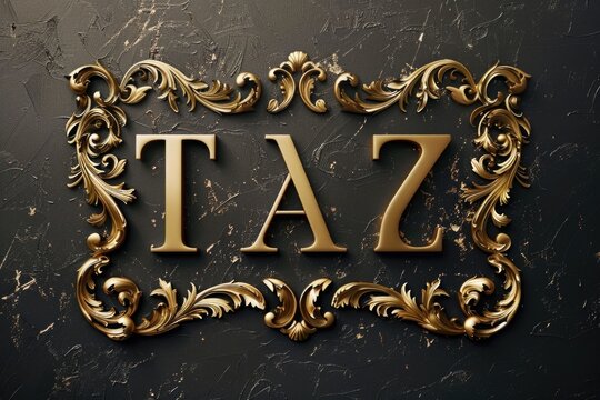 A gold sign with the word "Taz" displayed on a black wall. Suitable for business or signage concepts