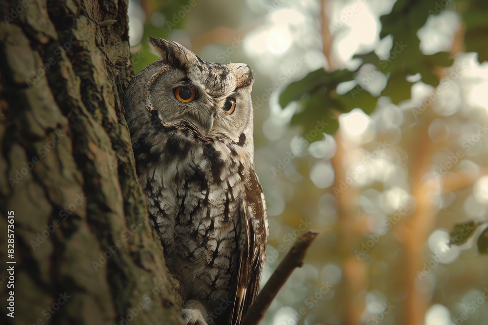 Poster close up of an owl sitting on a tree branch. suitable for nature and wildlife themes