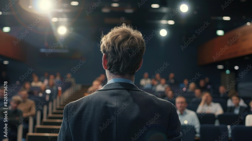 Poster a man standing in front of a large crowd. ideal for business presentations or leadership concepts