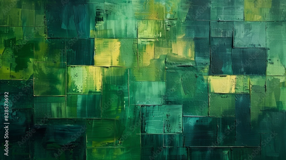 Poster an abstract painting with layers of neat lines in varying shades of green.