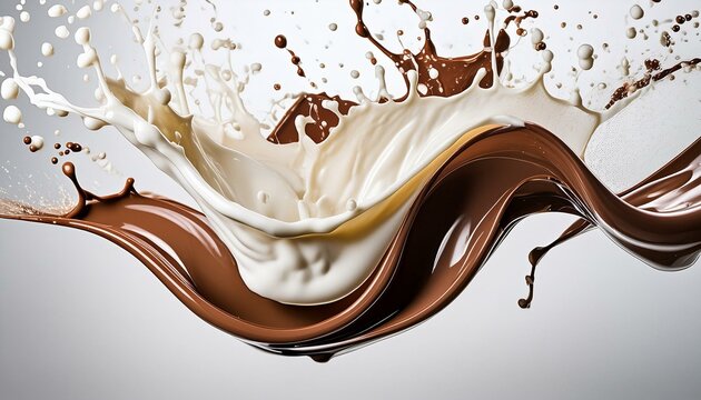 Milk and chocolate swirls blending through the air on a flat white shadowless background