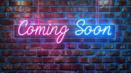 A striking neon sign with the words 'Coming Soon' set against a weathered brick wall, glowing in a vibrant pink and blue hue, invoking anticipation