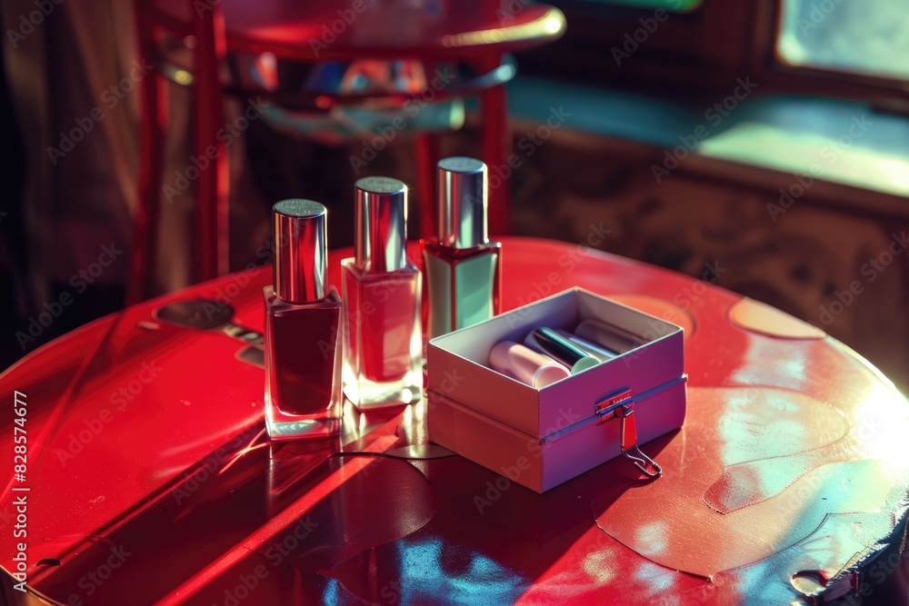 Poster A red table with three bottles of perfume. Ideal for beauty and fragrance concepts
