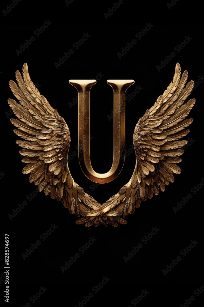 Poster golden letter u with wings on a black background. suitable for design projects