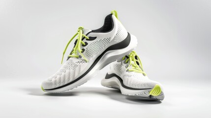 A pair of stylish white sneakers with vibrant yellow laces. Perfect for sport or casual wear