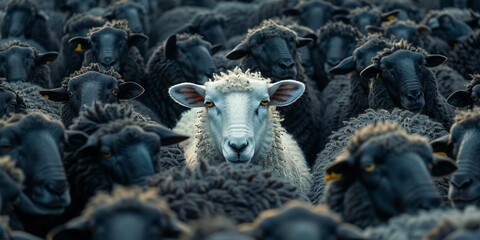 An artistic depiction of a white sheep standing out in a herd of black sheep, symbolizing individuality and bravery. Suitable for various uses including articles, posters, and digital content.