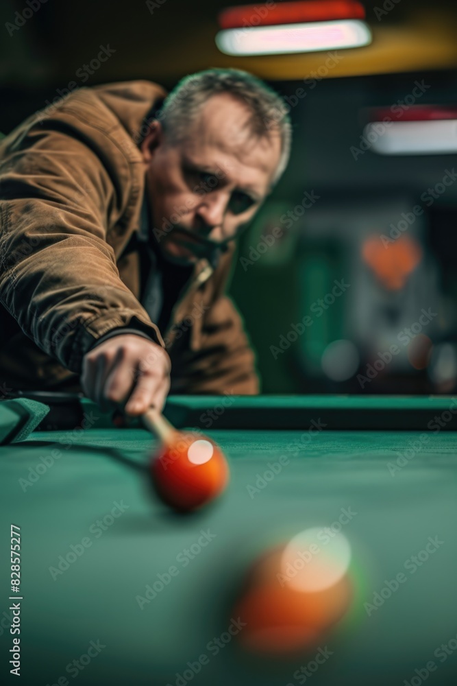 Poster a man playing a game of pool. suitable for sports and leisure concepts