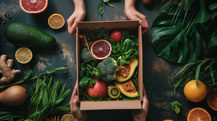 A monthly subscription box filled with healthy food options being opened. Dynamic and dramatic composition, with cope space