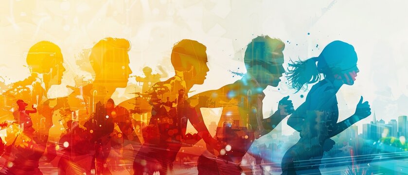 Abstract colorful silhouettes of runners in motion representing speed, energy, and movement, perfect for sports and fitness themes.