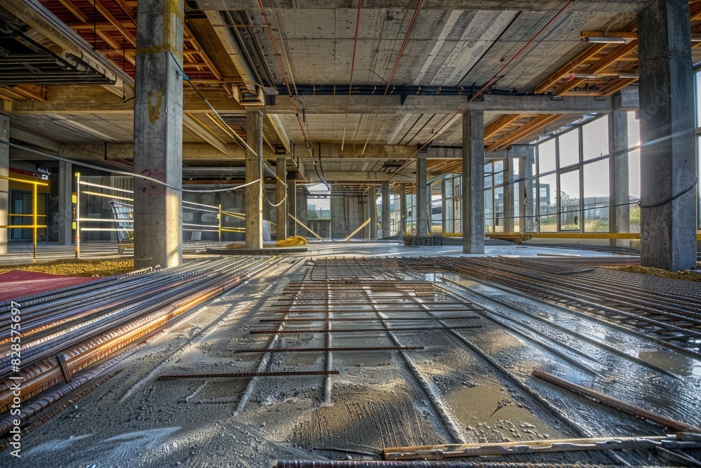 Aufkleber an empty industrial building with a complex network of pipes. suitable for industrial, construction,