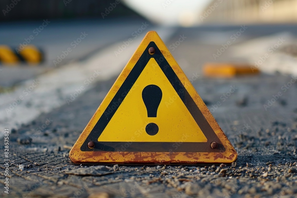 Poster a yellow triangular sign on the side of a road, suitable for transportation concepts