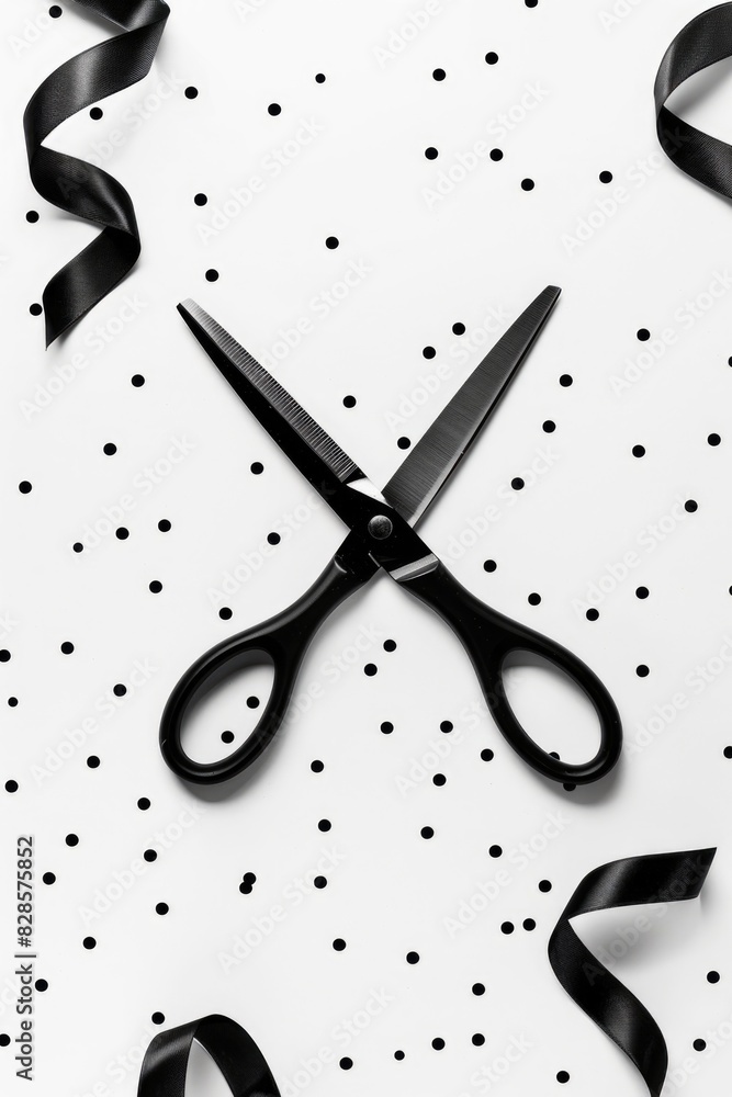 Poster a pair of scissors placed on a table. suitable for office or craft related designs