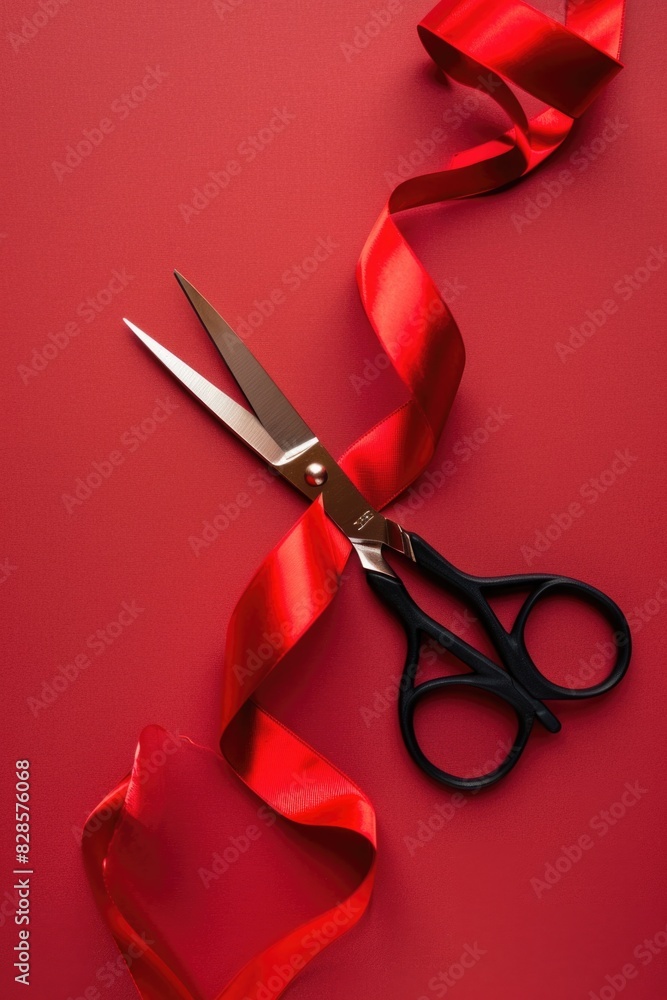 Poster pair of scissors with a red ribbon, ideal for gift wrapping projects