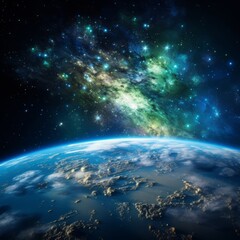 Fototapeta premium Close-up view of Earth floating in the vastness of space, showcasing vibrant blue and green colors against a backdrop of twinkling planets and stars from the galaxy, capturing the cosmic brilliance.