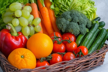 Fresh organic frbroccoli, grocery, lettuce, tomato, vegetable, carrot, ingredient, basket, cabbage, detox, wicker, food, fruit, organic, buy, crop, cut out, full, huits and vegetables in wicker basket