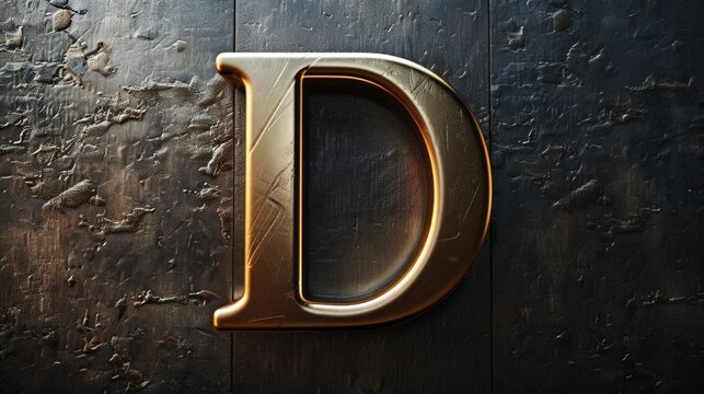 A shiny golden letter D displayed on a rustic wooden surface. Perfect for adding a touch of elegance to any design project