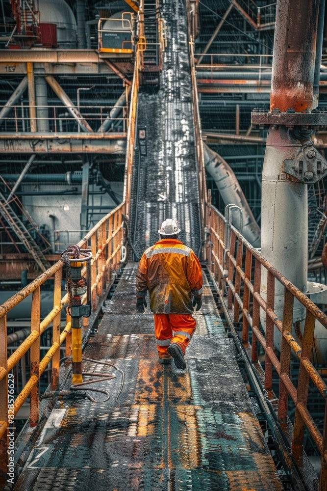 Poster a man in an orange jacket walking across a bridge. suitable for various outdoor and travel concepts