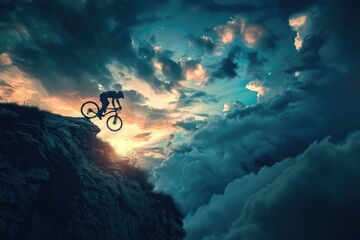Thrilling image of a person on a bike jumping over a cliff. Perfect for extreme sports or adventure...