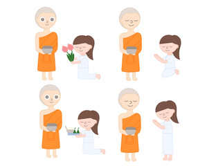 Woman giving alms to monk.Offering alms.Thai buddhism.Happy Vesak Day Budha Purnima.Makha bucha day.Religion and culture.Monk character or temple.Graphic flat design.Cartoon vector illustration.
