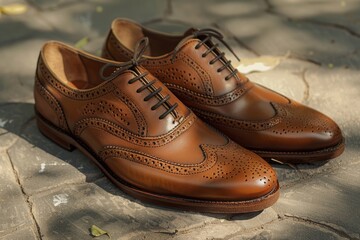 Naklejka premium Pair of brown shoes on sidewalk, suitable for fashion or urban themes