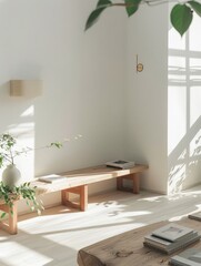 Fototapeta premium The living room features a Japanese-inspired wooden sofabed, soft beige carpet on the floor, white walls with sun and shade, modern minimalist interior design, plants, a magazine, and a cosy Bohemian 