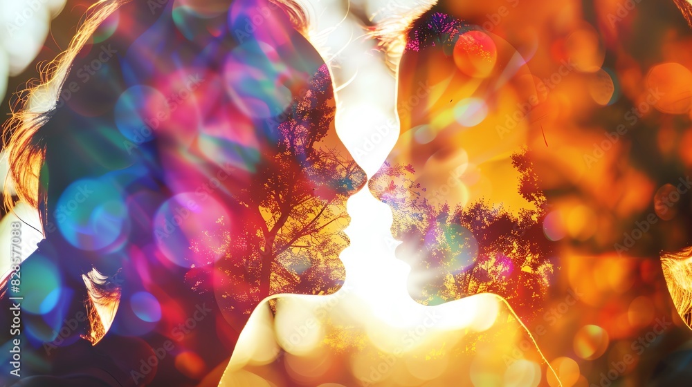 Poster double exposure of two faces with colorful bokeh and sunlight, creating a dreamy, abstract effect. p