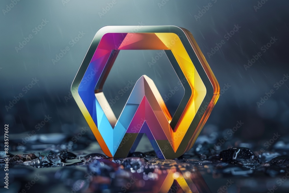 Poster a multicolored hexagon shaped object resting on a pile of rocks. suitable for various design project