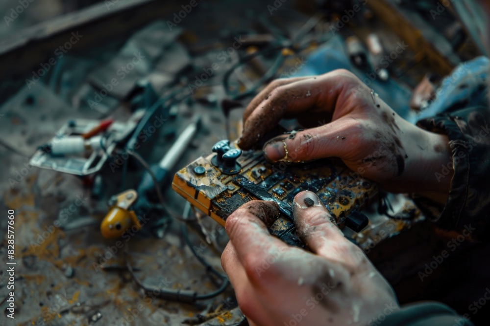 Poster A close up of a person working on a circuit board. Perfect for technology and electronics concepts