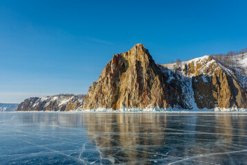 Winter landscape of frozen lake Baikal, Beautiful natural figure on the ice