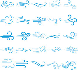 Wind line doodle set. Blue hand drawn wind swirls and gusts. Decorative breeze symbols for weather, nature, and climate designs